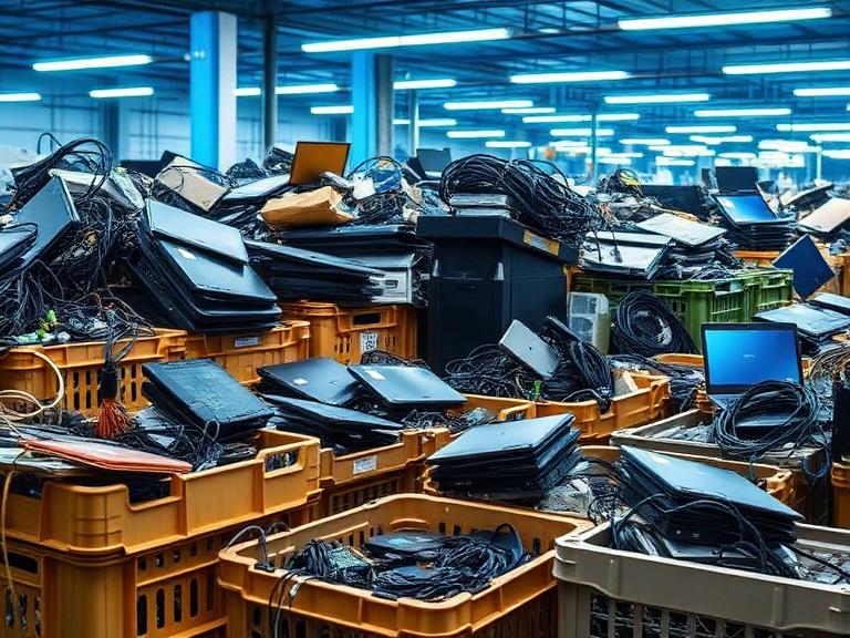 Sorted electronic waste in crates at a processing facility