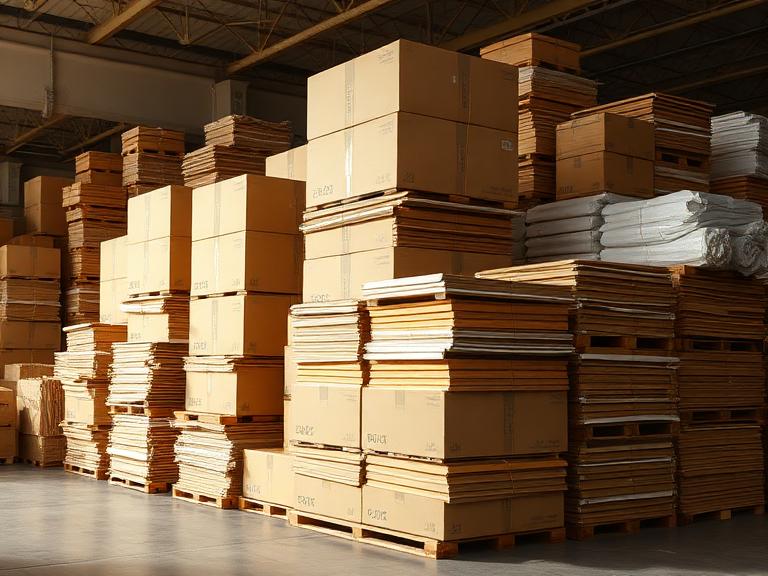 Stacked flattened cardboard and baled paper